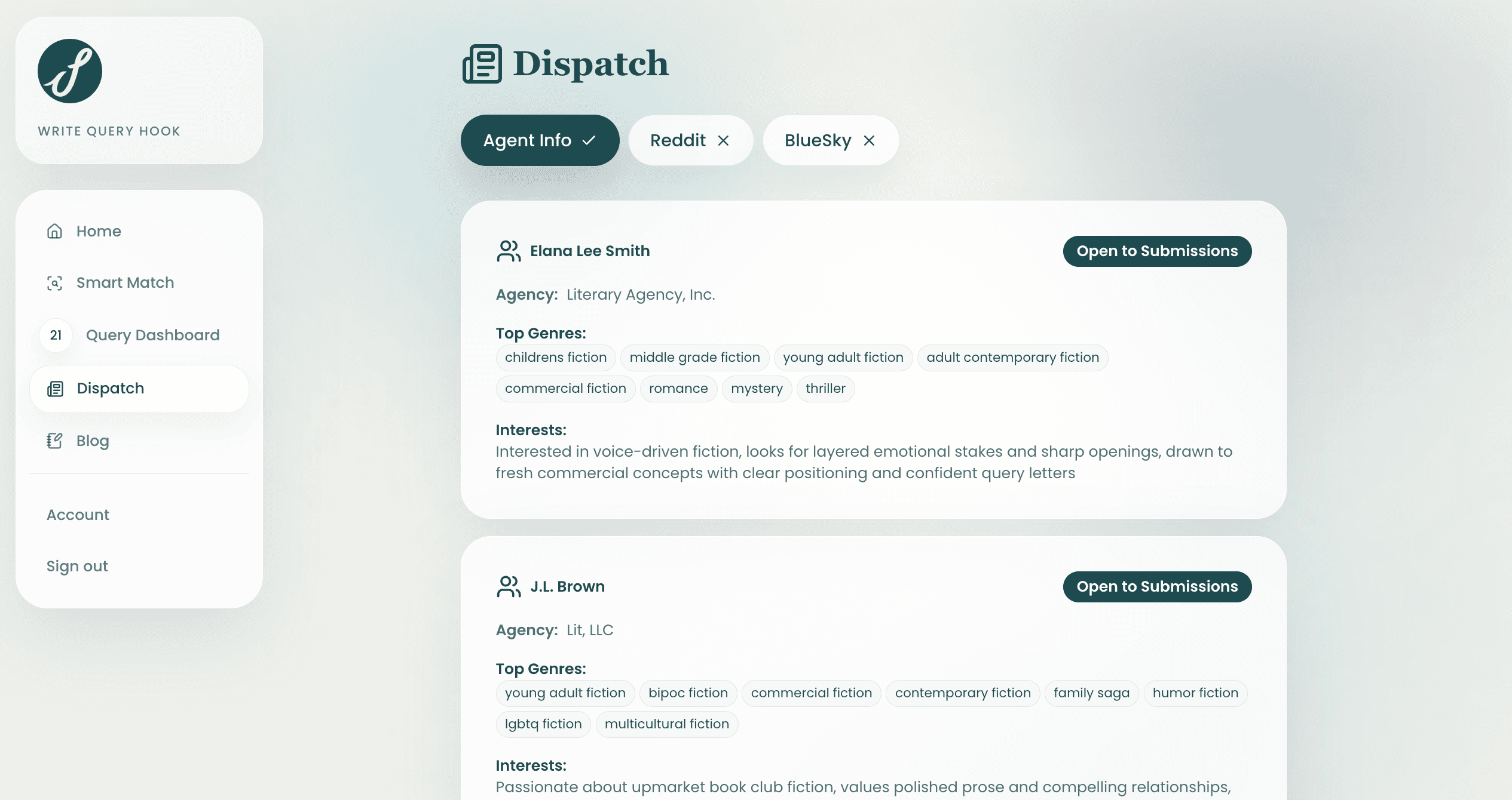 Dispatch feed with publishing updates, submission openings, and industry intelligence.