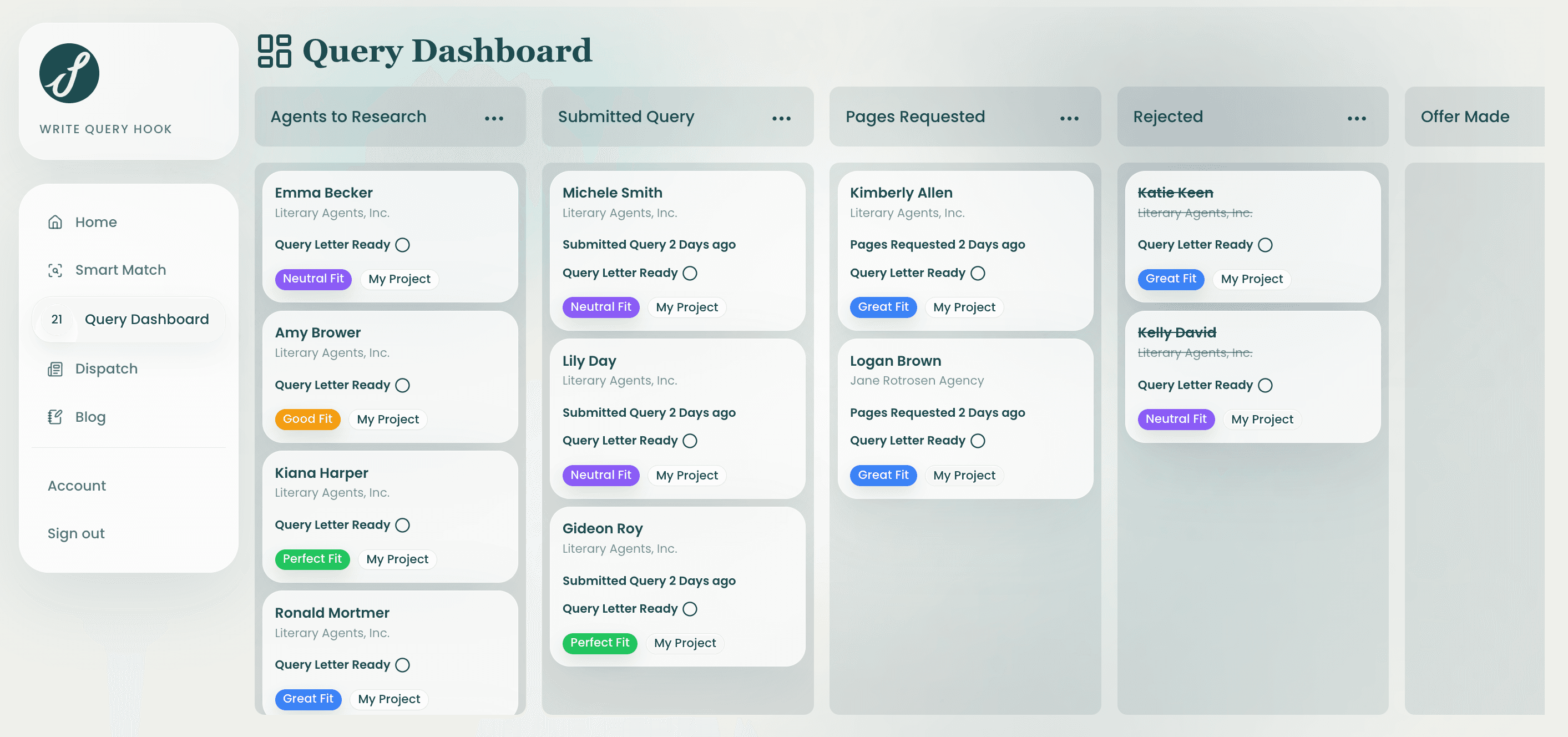 Query Dashboard showing saved agents, submission statuses, and project tracking.