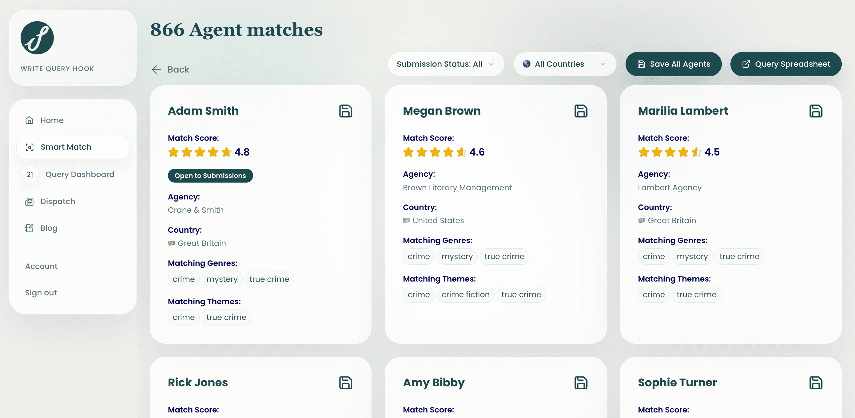 Smart Match interface showing ranked literary agent results, fit indicators, and filtering controls.