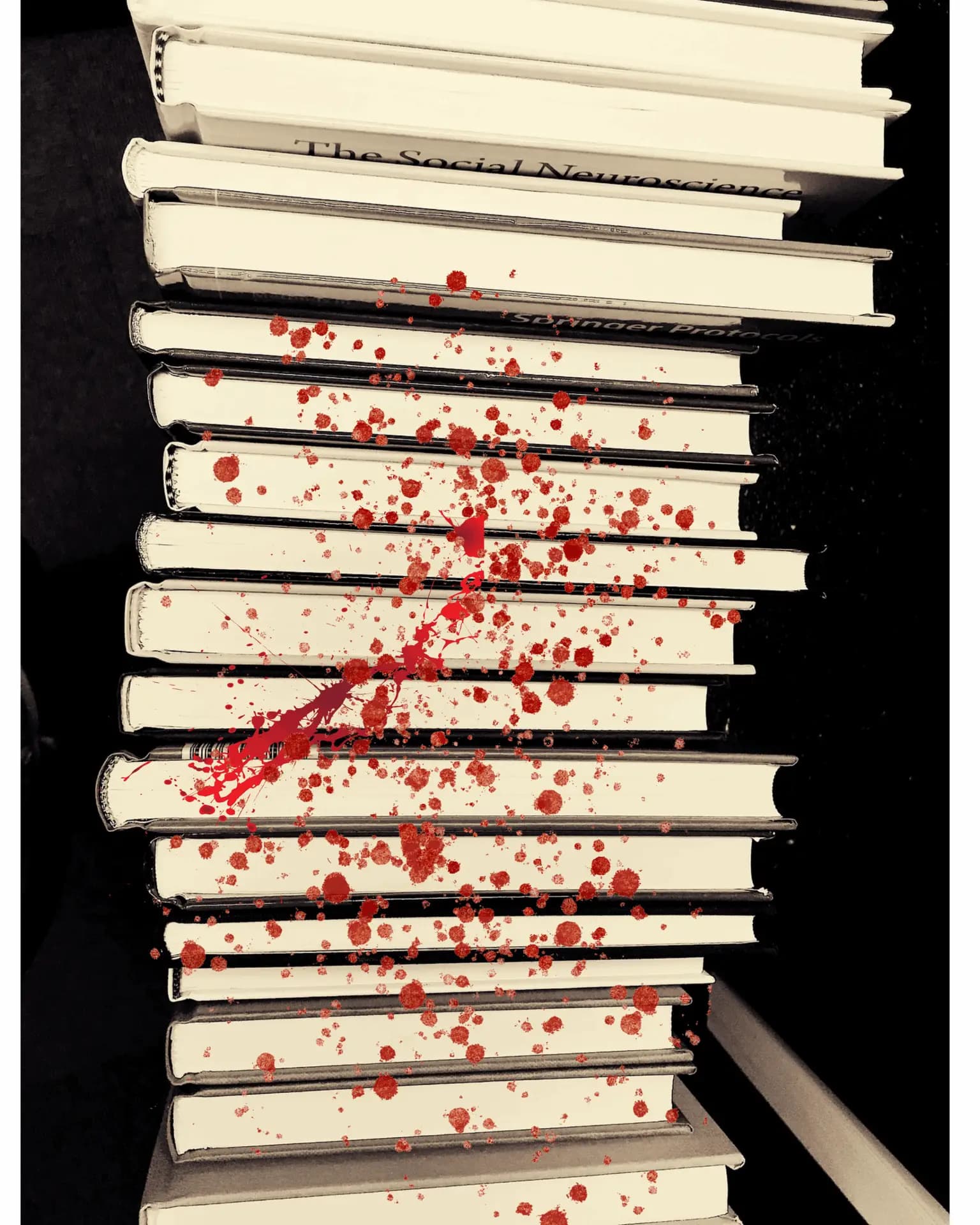 Tall stack of white hardcover books splattered with red ink, symbolizing the emotional toll of the query process