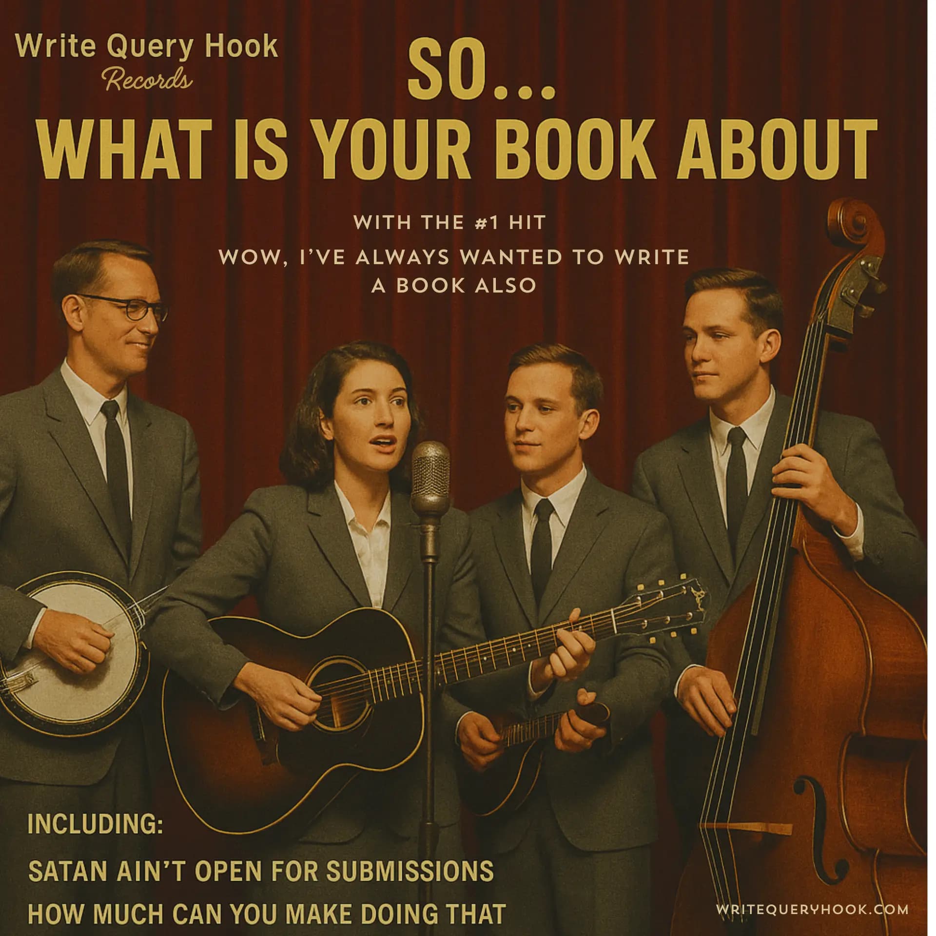 How to write a strong logline - A vintage band poster parodying common questions authors hear, with text: “So… what is your book about?”